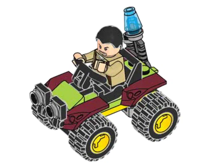 Vic Hoskins au volant d'un buggy rouge et vert avec un projecteur bleu.