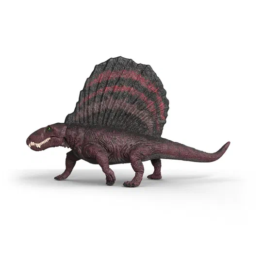 Figurine de dinosaure Dimetrodon avec une crête dorsale rouge et noire sur fond blanc.