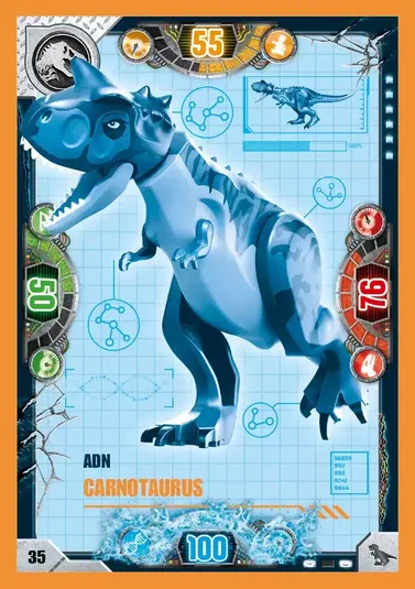Carte de collection LEGO Jurassic World présentant le dinosaure Carnotaurus en bleu.