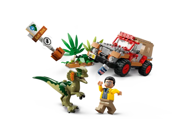 Ensemble de construction LEGO Jurassic World avec un dinosaure Velociraptor vert et beige, une jeep rouge et grise, des plantes tropicales, un panneau 'Eat Dora' et un personnage minifigure en jaune.