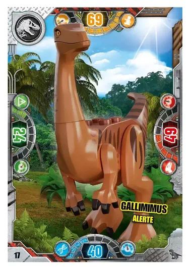 Carte de collection LEGO Jurassic World présentant un Gallimimus dans une jungle.