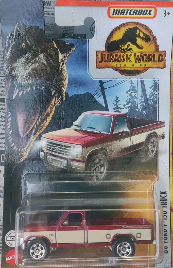 Packaging Matchbox '86 Ford F-150 Truck - Jurassic World Dominion avec un dinosaure en arrière-plan