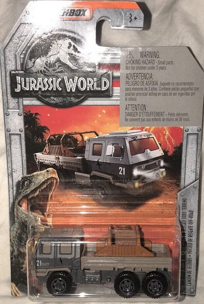 Packaging de la voiture Matchbox Off-Road Rescue Rig (Jurassic World) avec le logo et des avertissements.