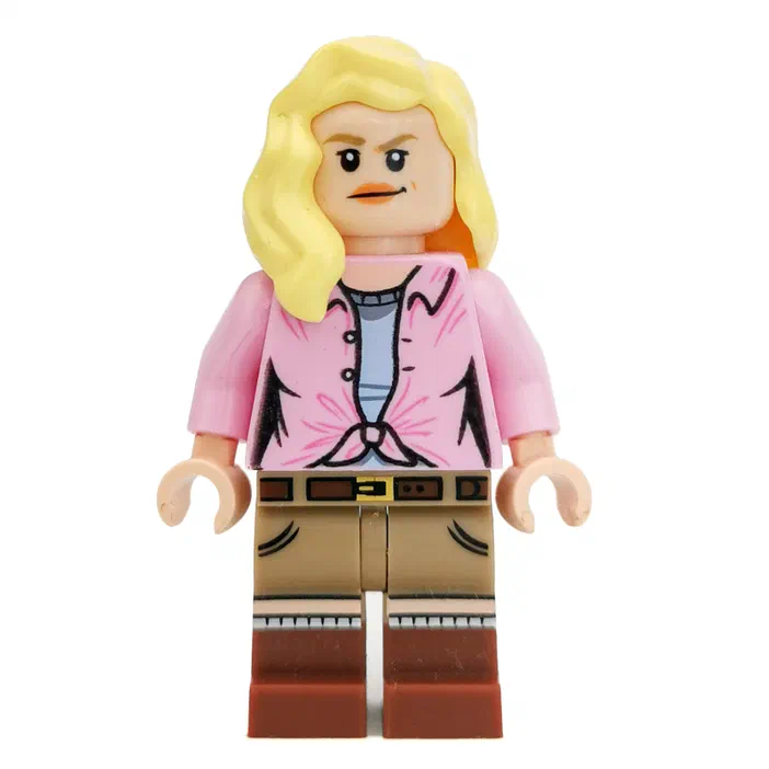 Minifigurine LEGO d'Ellie Sattler avec une chemise rose vif.