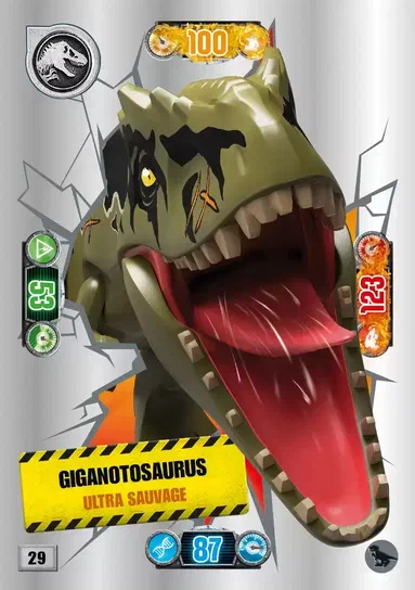 Carte de collection LEGO Jurassic World présentant un Giganotosaurus ultra sauvage.