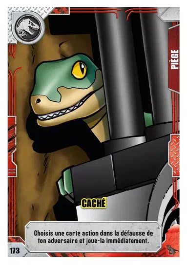 Carte de jeu LEGO Jurassic World : une créature verte cachée derrière des tuyaux avec l'effet 'Caché'.
