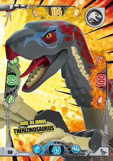 Carte de collection LEGO Jurassic World présentant le dinosaure Therizinosaurus avec des statistiques et un fond explosif.