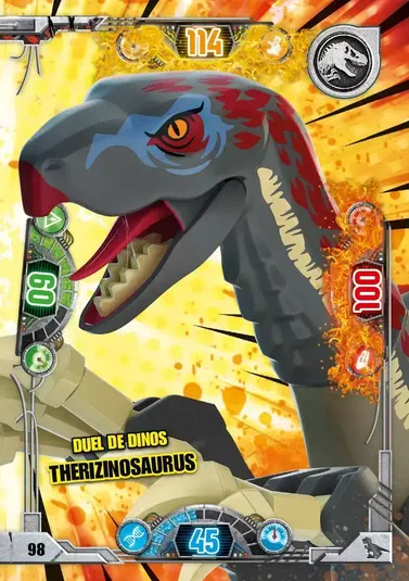 Carte de collection LEGO Jurassic World présentant le dinosaure Therizinosaurus avec des statistiques et un fond explosif.
