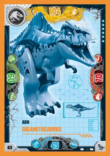 Carte de collection LEGO Jurassic World présentant le Giganotosaurus en version ADN.