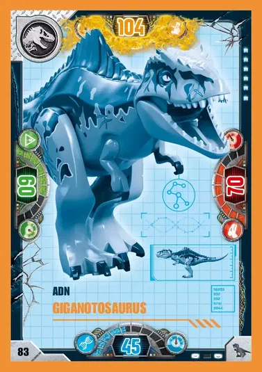 Carte de collection LEGO Jurassic World présentant le Giganotosaurus en version ADN.