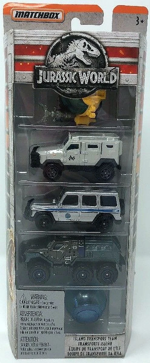 Packaging Matchbox Jurassic World contenant cinq véhicules : un sous-marin, une sphère gyroscopique, deux camions blindés et un SUV.