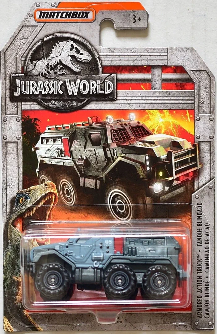 Packaging Matchbox Armored Action Truck de la série Jurassic World (2018) avec le véhicule dans une fenêtre transparente.