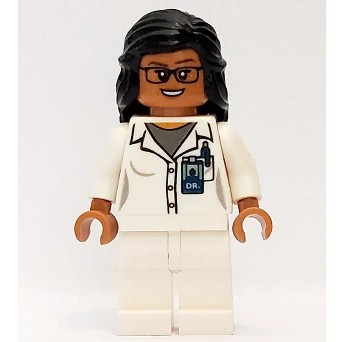 Minifigurine LEGO Allison Miles, médecin avec blouse blanche et badge DR.