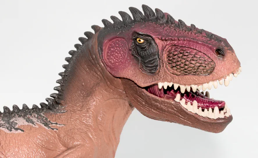 Modèle de dinosaure en plastique montrant la tête et le cou avec des dents blanches, une peau rose-brun et un fond blanc.