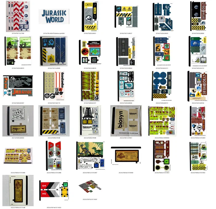 Collage de toutes les planches d'autocollants des sets LEGO Jurassic World