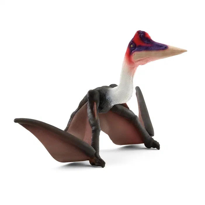 Figurine de Quetzalcoatlus, un ptérosaure à la tête rouge et violette, au corps noir et blanc, posée sur fond blanc.
