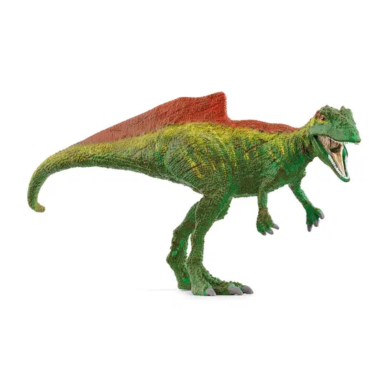 Figurine de dinosaure Concavenator vert avec une crête dorsale rouge, debout sur fond blanc.