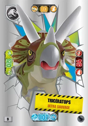 Carte de collection LEGO Jurassic World présentant un Tricératops ultra sauvage.