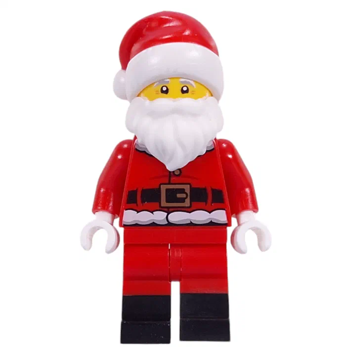 Minifigurine LEGO Santa Claus en tenue rouge avec barbe blanche et casquette de Père Noël.