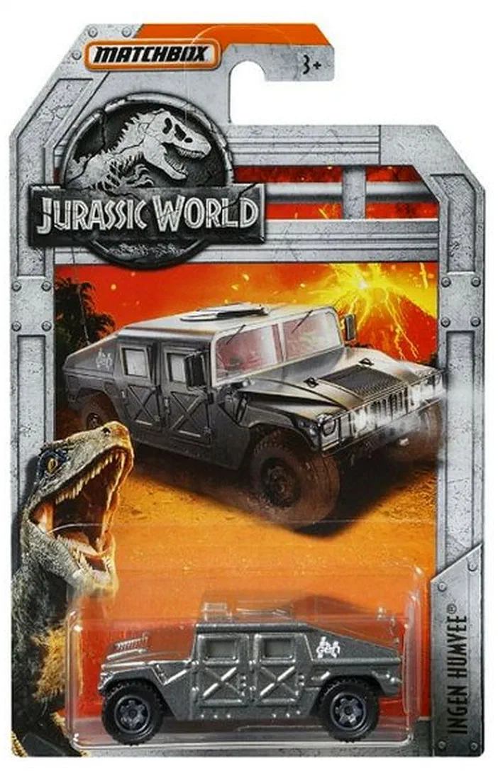 Packaging Matchbox InGen Humvee de Jurassic World avec un dinosaure et une voiture en plastique gris.