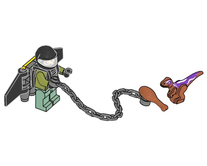 Un gardien de la faune LEGO avec un casque noir et une combinaison verte tient en laisse un dinosaure raptor marron aux accents violets.