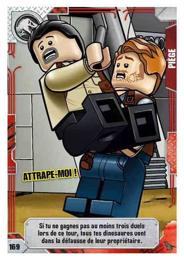 Carte de collection LEGO Jurassic World : un minifigurine crie 'Attrape-moi !' en tenant une arme.