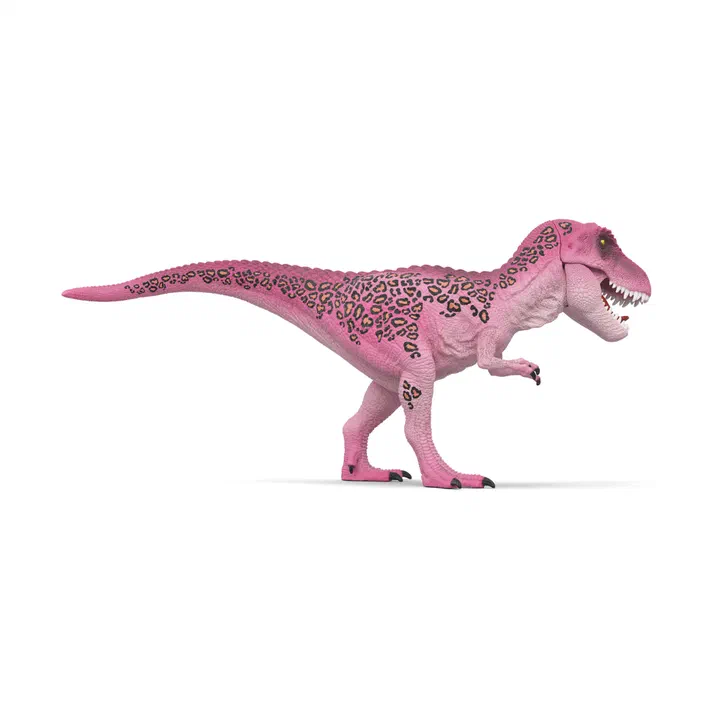 Un T-Rex jouet de la marque Schleich, peint en rose avec des motifs léopard noirs sur le dos et les cuisses.