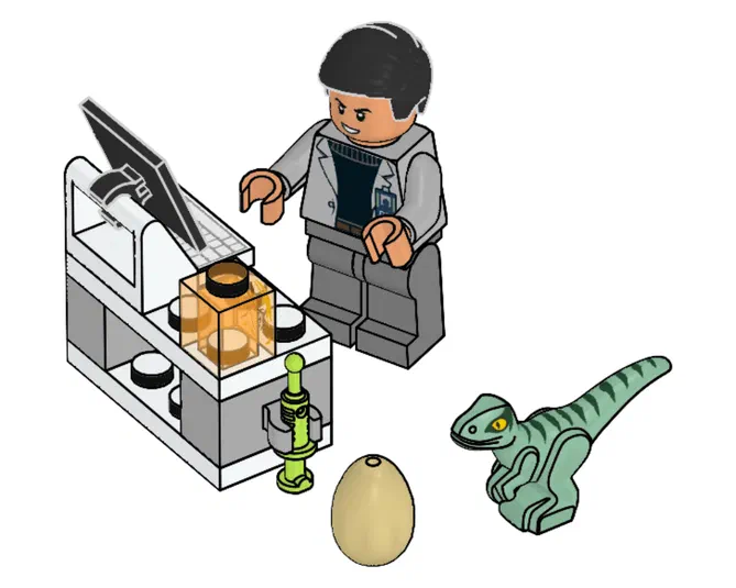Dr. Wu's Laboratory avec un minifigurine Lego devant une console et des éléments de dinosaure.