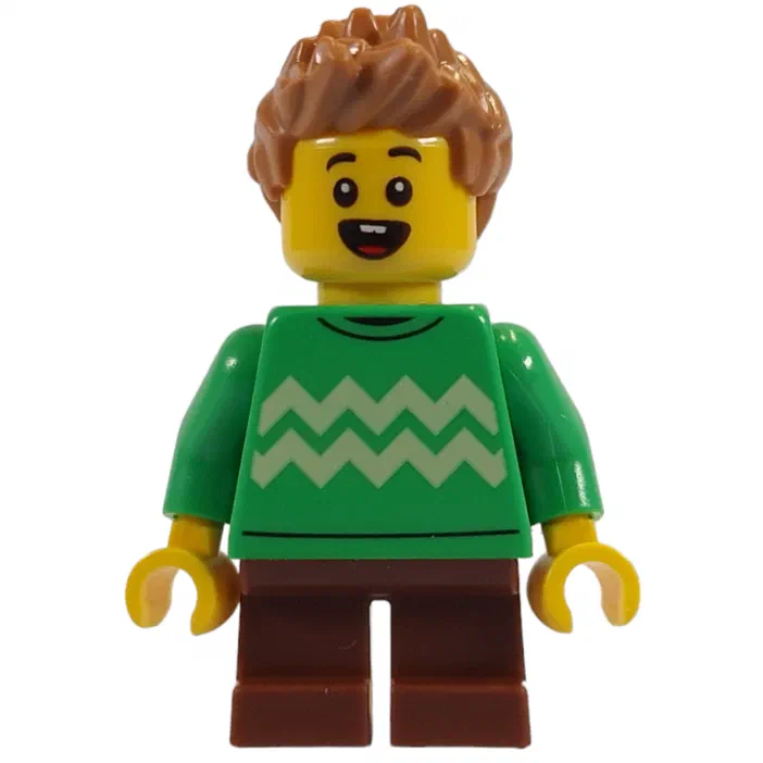 Un minifigurine LEGO avec des cheveux marron, un haut vert à motif zigzag et des jambes brunes.