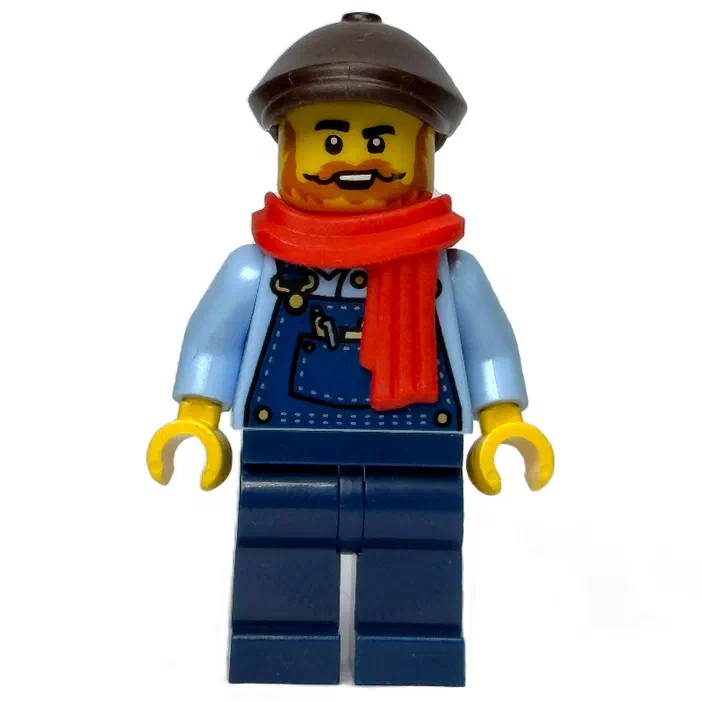 Minifigurine LEGO de collection représentant un personnage avec une moustache et des vêtements d'hiver.
