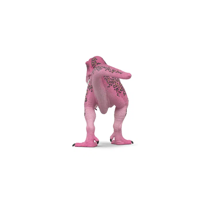 Un T-Rex rose avec des motifs de léopard sur le dos, vu de trois-quarts arrière.