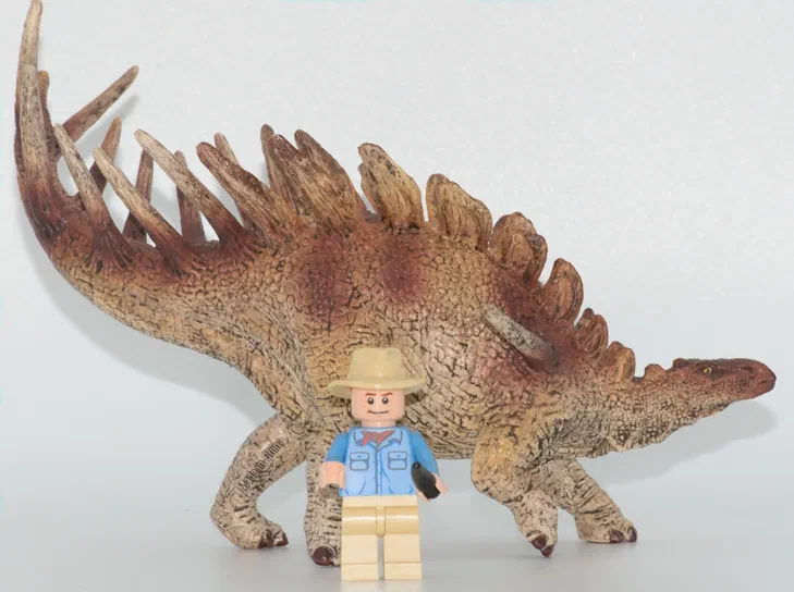 Un jouet de dinosaure Stegosaurus avec des plaques dorsales et une petite figurine Lego devant.