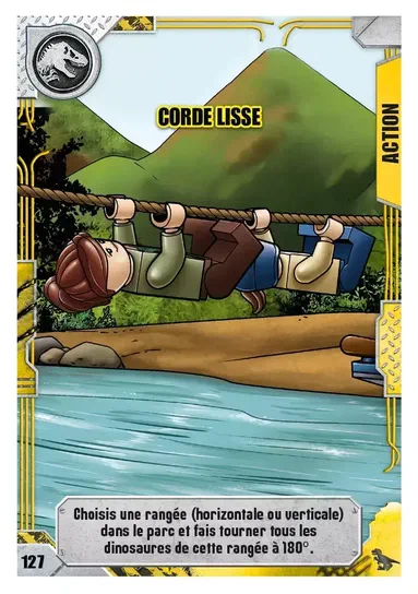 Carte de collection LEGO Jurassic World : Corde lisse. Une figurine est accrochée à une corde au-dessus d'une rivière.