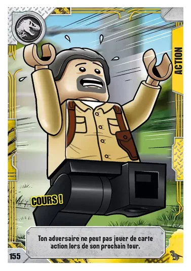 Carte de jeu LEGO Jurassic World n°155 : un minifigurine en tenue beige court avec les bras levés et le texte 'COURS !