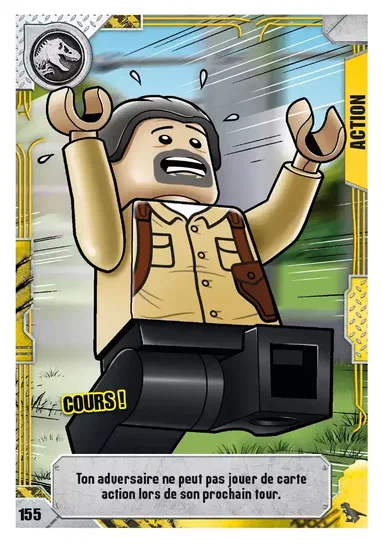 Carte de jeu LEGO Jurassic World n°155 : un minifigurine en tenue beige court avec les bras levés et le texte 'COURS !