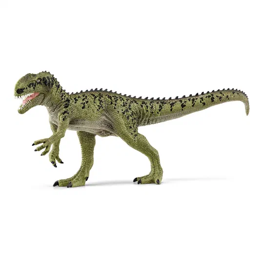 Figurine de dinosaure Monolophosaurus vert avec des taches noires, sur fond blanc.