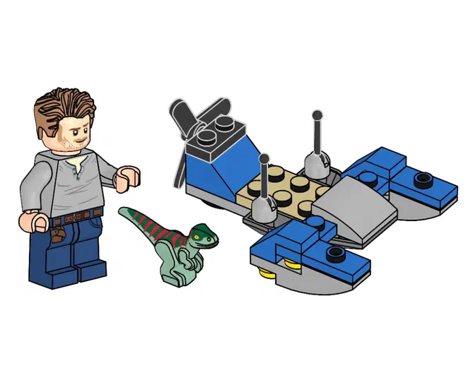 Minifigur d'Owen avec un véhicule bleu et une dinosaure verte.