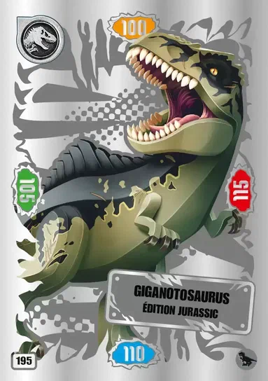 Carte de collection Giganotosaurus édition Jurassic avec des statistiques et un logo LEGO.