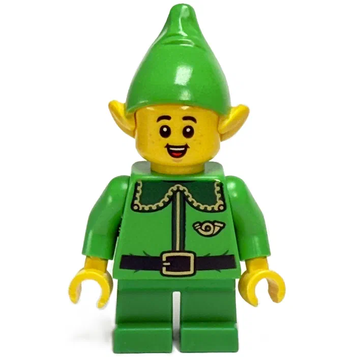 Minifigurine LEGO elfe vert souriant avec oreilles pointues et costume détaillé