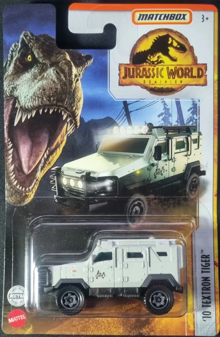 Packaging Matchbox '10 Textron Tiger de Jurassic World Dominion avec une voiture blanche et un T-Rex.