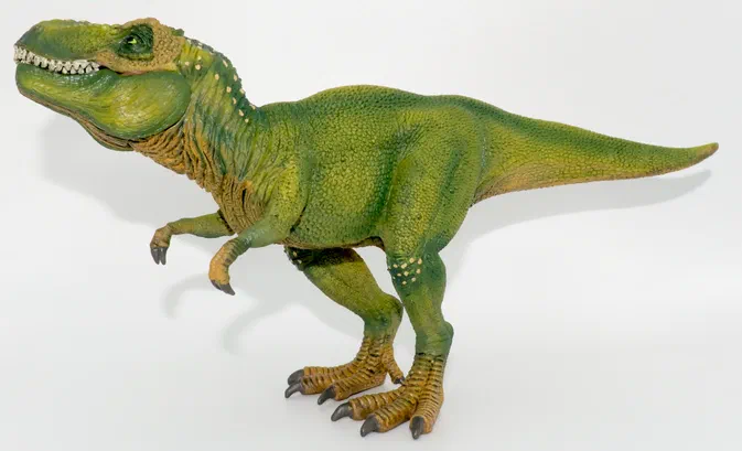 Modèle de dinosaure vert à deux pattes sur fond blanc