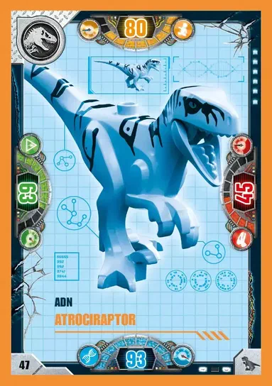 Carte de collection LEGO Jurassic World présentant le dinosaure ADN Atrociraptor bleu avec des motifs noirs.