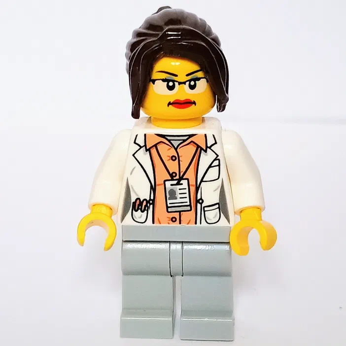 Minifigurine LEGO de l'ensemble 'Research Institute', portant une blouse blanche et des jambes gris clair.