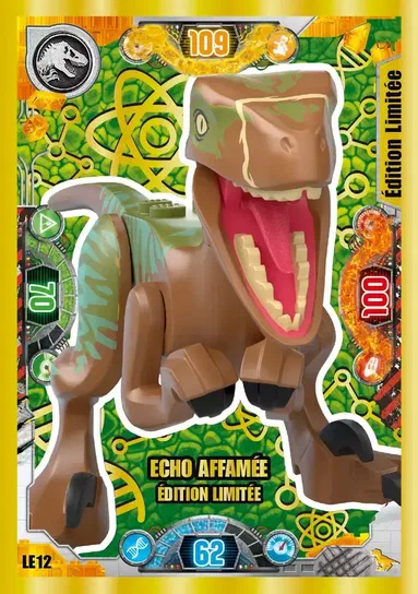 Carte de collection LEGO Jurassic World présentant le dinosaure T-Rex 'Echo affamée' édition limitée.