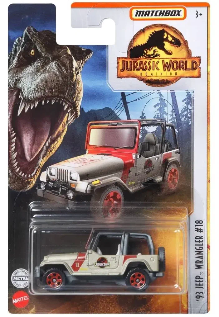 Packaging Matchbox '93 Jeep Wrangler #18 Jurassic World Dominion avec illustration d'un T-Rex