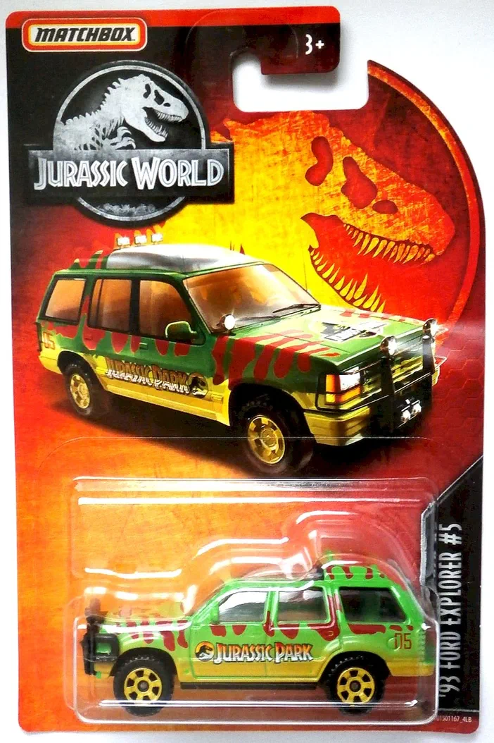 Packaging Matchbox '93 Ford Explorer #5 Jurassic World avec véhicule vert et jaune
