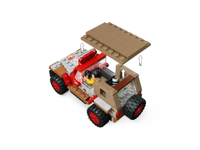 Voiture LEGO Jurassic World avec un minifigurine à l'intérieur et des flèches indiquant le toit amovible.