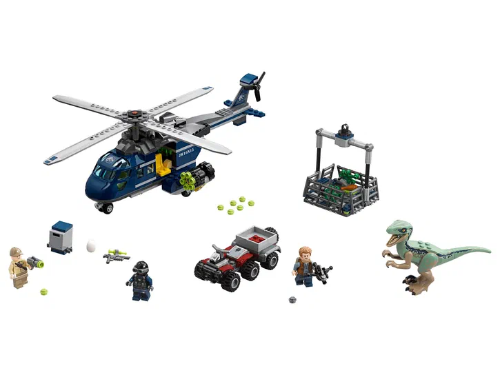 Ensemble de construction LEGO Jurassic World : hélicoptère bleu avec figurines et dinosaure