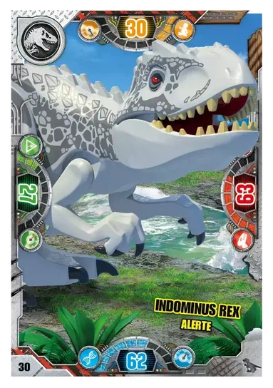 Carte de collection LEGO Jurassic World représentant le dinosaure Indominus Rex en alerte.