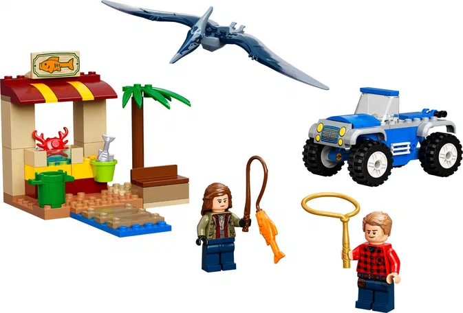 Ensemble de construction LEGO Jurassic World incluant un stand, une pterodactyle, un véhicule bleu et deux personnages minifigures.